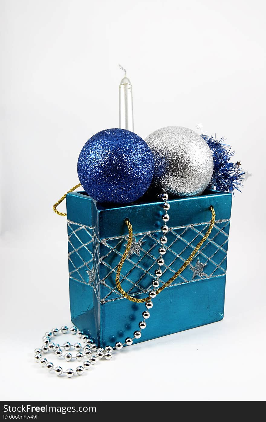 A bag with adornments for Christmas tree isolated