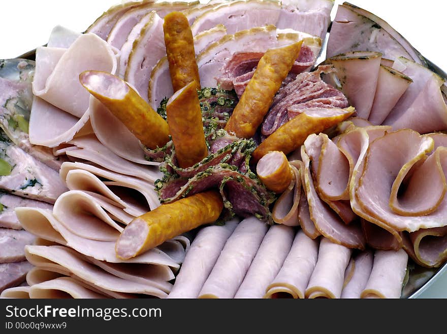 Plate of sliced ham, sausage and salami with herbs