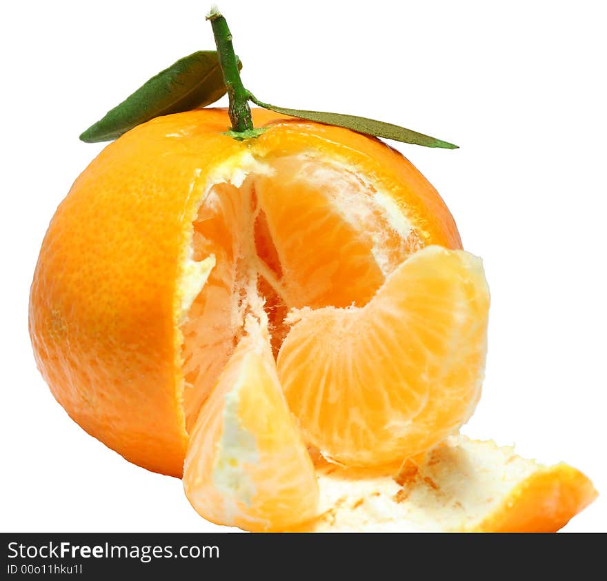 Yellow mandarin with green leaves on white background. Yellow mandarin with green leaves on white background