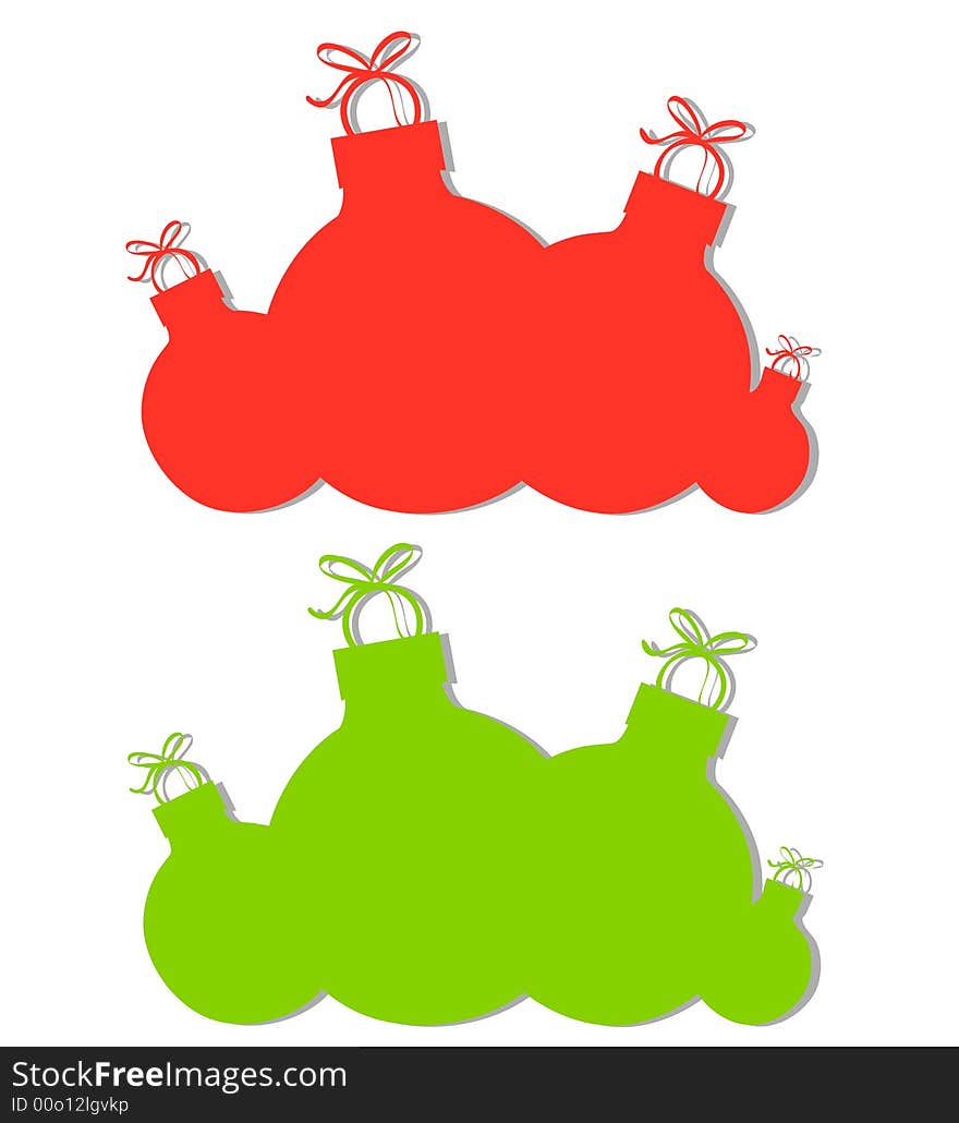 A clip art illustration of your choice of 2 Christmas ornament silhouettes with slight dropshadow in red and green isolated on white