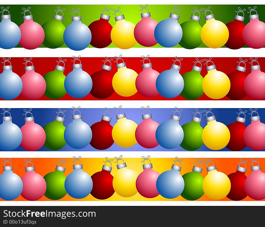 A clip art illustration featuring your choice of 4 colorful Christmas ornaments as border or dividers set against green, red, blue and gold. A clip art illustration featuring your choice of 4 colorful Christmas ornaments as border or dividers set against green, red, blue and gold