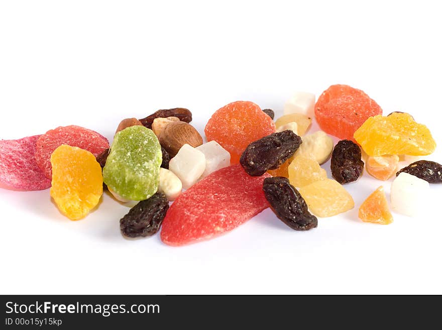 Dried fruits, raisins and nuts on white backgroud. Dried fruits, raisins and nuts on white backgroud