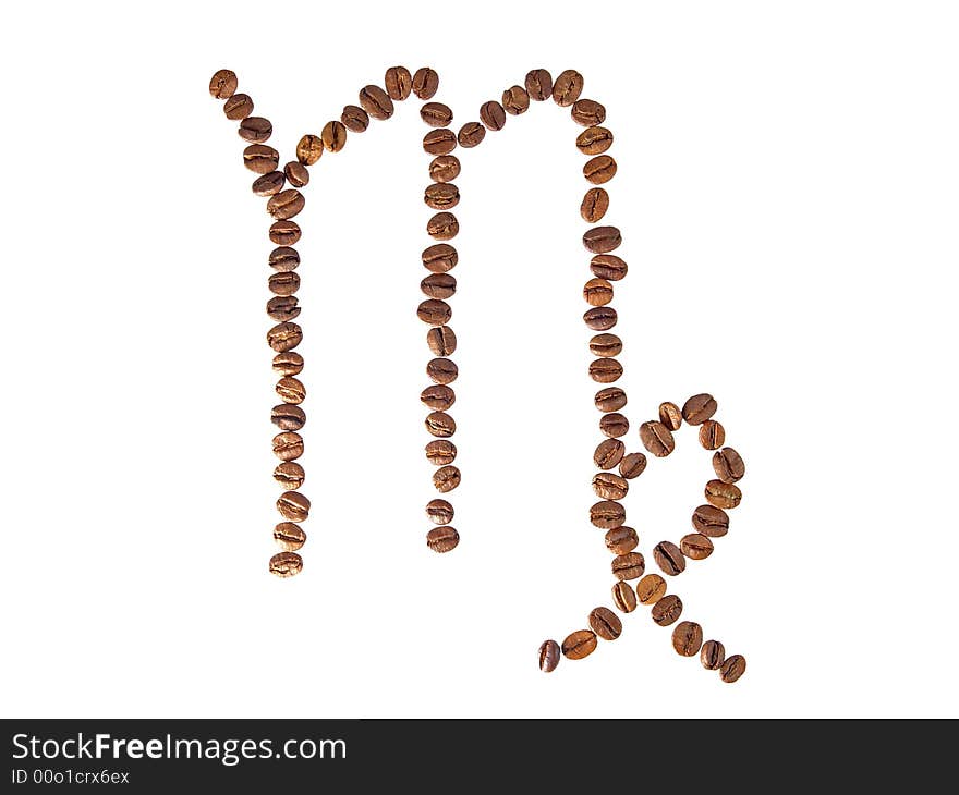 Zodiac sign virgo from coffee beans on the white background. Zodiac sign virgo from coffee beans on the white background