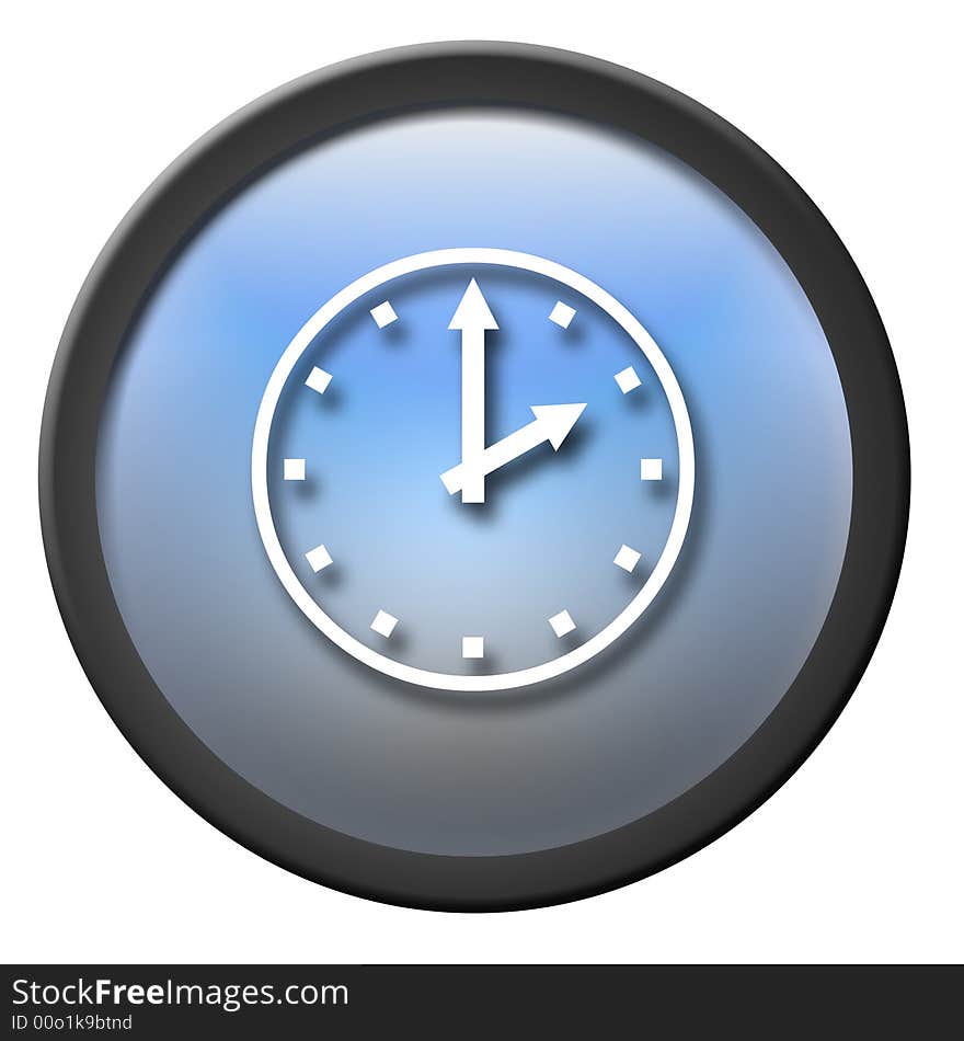 Blue gradient plastic button with a white shadowed clock. Blue gradient plastic button with a white shadowed clock