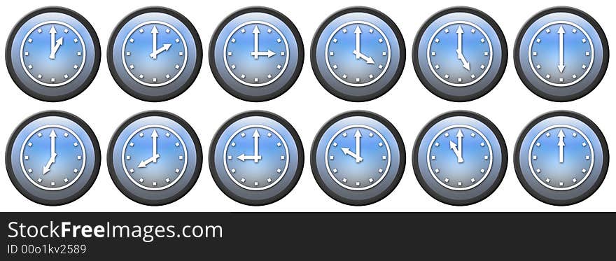 Twelve lightblue gradient plastic buttons with clocks and different times. Twelve lightblue gradient plastic buttons with clocks and different times