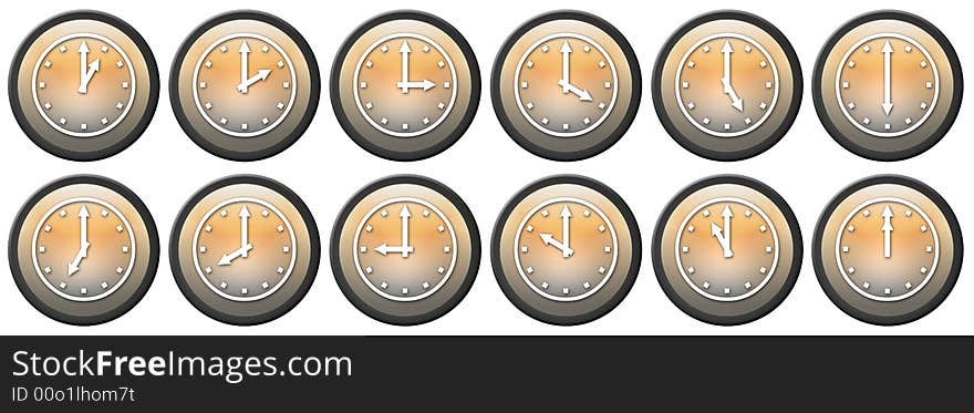 Twelve buttons with clocks