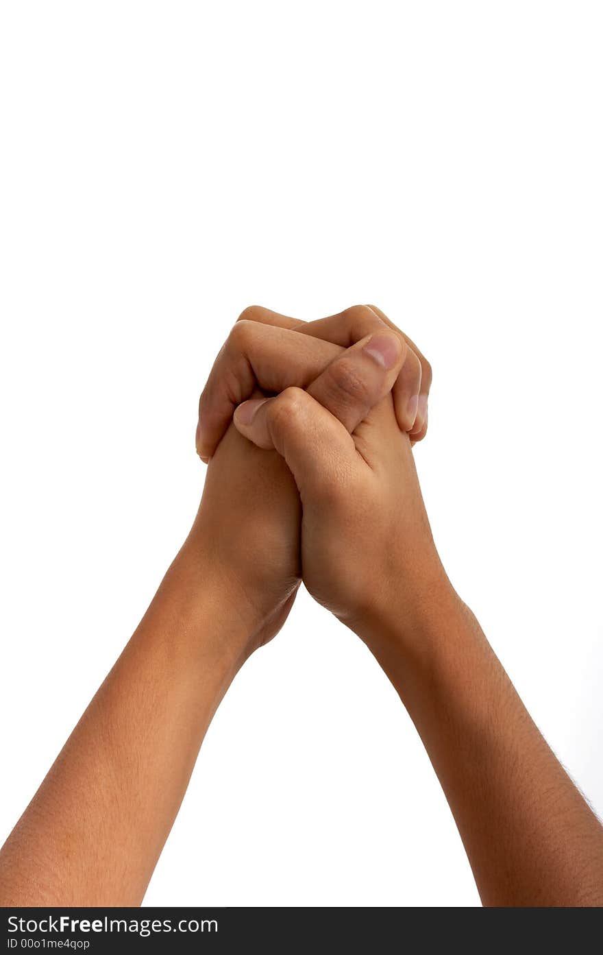 Hands held together over a white background. Hands held together over a white background