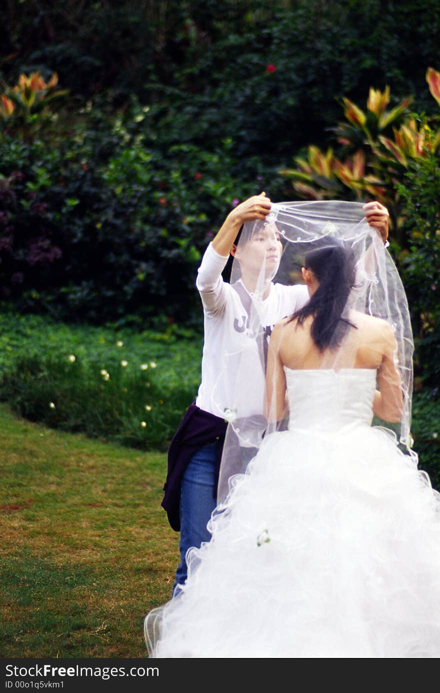 Chinese bride having help with her veil and wedding dress. Chinese bride having help with her veil and wedding dress.