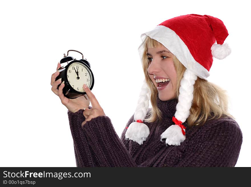 Blond girl in red santa s cap