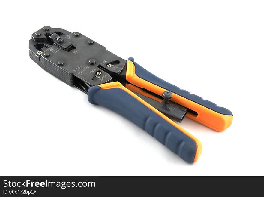 Crimp tool, used for attaching RJ-45 or RJ-11 connectors to computer network cables. Crimp tool, used for attaching RJ-45 or RJ-11 connectors to computer network cables.