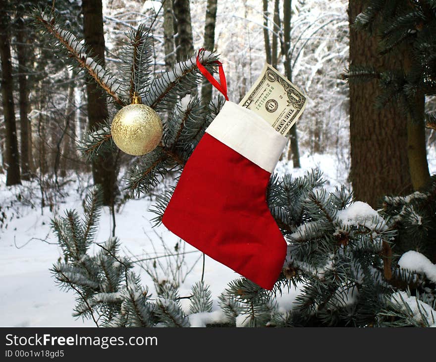 Christmas stocking with one dollar bill