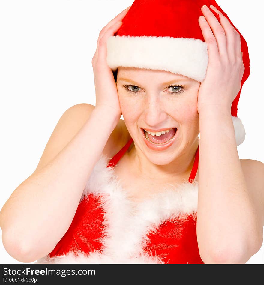 Beautifull girl in christmas bikini and with christmas hat is screaming. Beautifull girl in christmas bikini and with christmas hat is screaming.