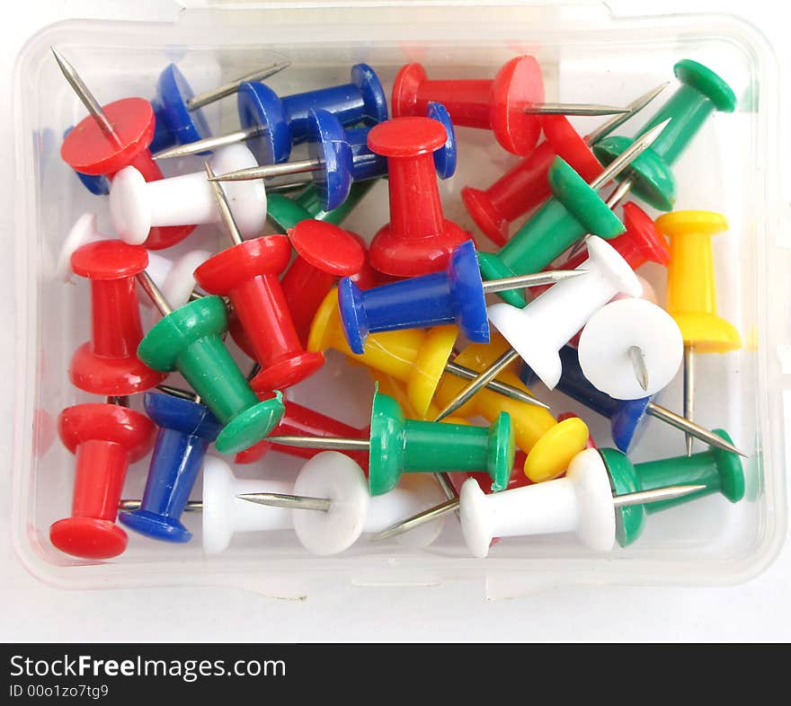 Colorful push-pins in the box. Colorful push-pins in the box