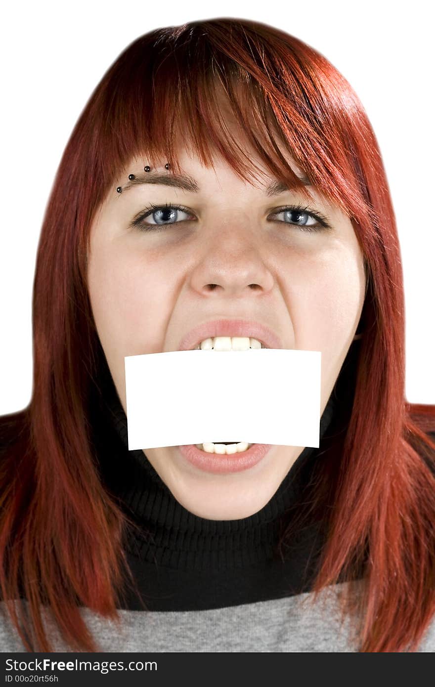 Girl biting a blank greeting card