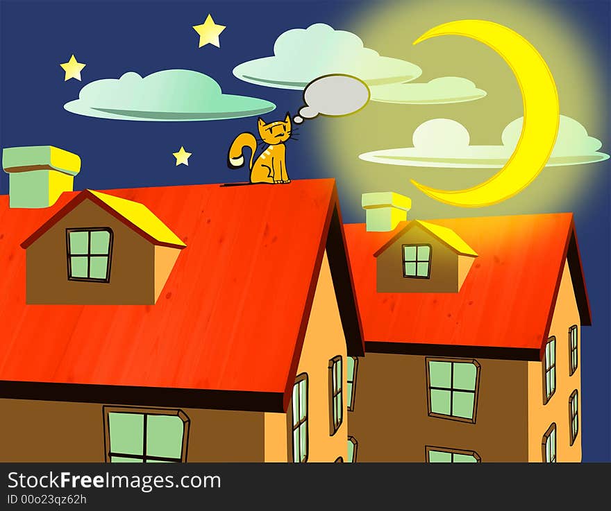 Illustration of an urban landscape with a cat on a roof thinking and watching the moon.