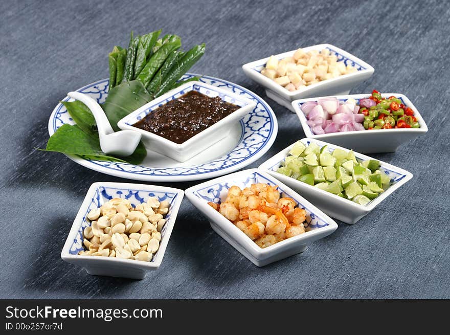 Thai food and appetizer with full herb call Miang . Thai food and appetizer with full herb call Miang