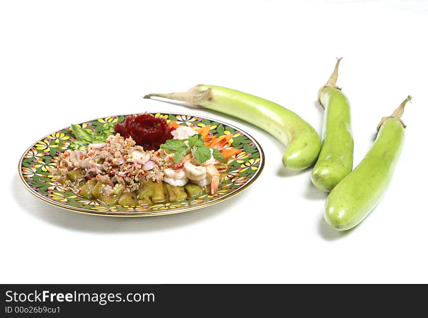 Egg plant salad in Thai style on white background . Egg plant salad in Thai style on white background