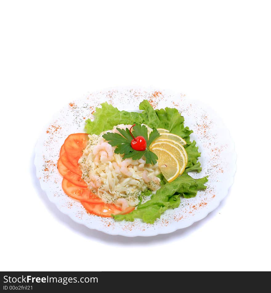 Dish of seafood isolated on white background