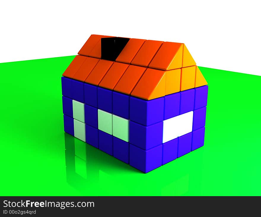 House from bricks on the green basis 3D model