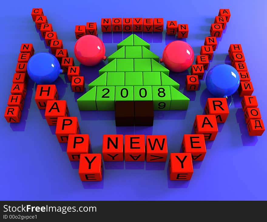 New Years tree Happy new year In different languages with balls 3D model. New Years tree Happy new year In different languages with balls 3D model