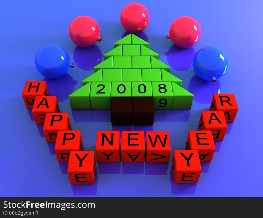 New Years tree with balls with inscription Happy new Year 3D model