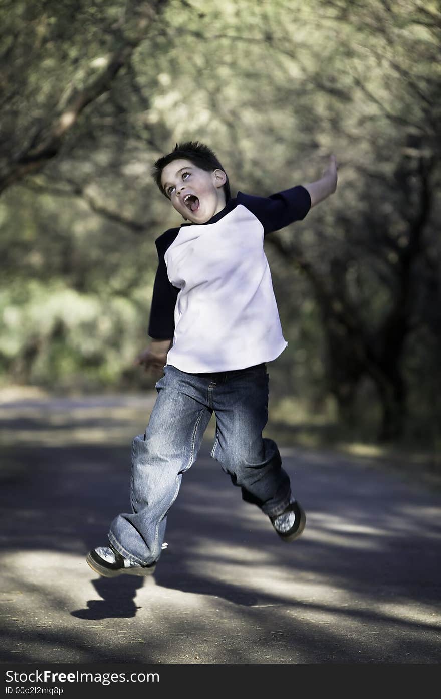 Young boy on a tree-lined path jumps in the air. Young boy on a tree-lined path jumps in the air.