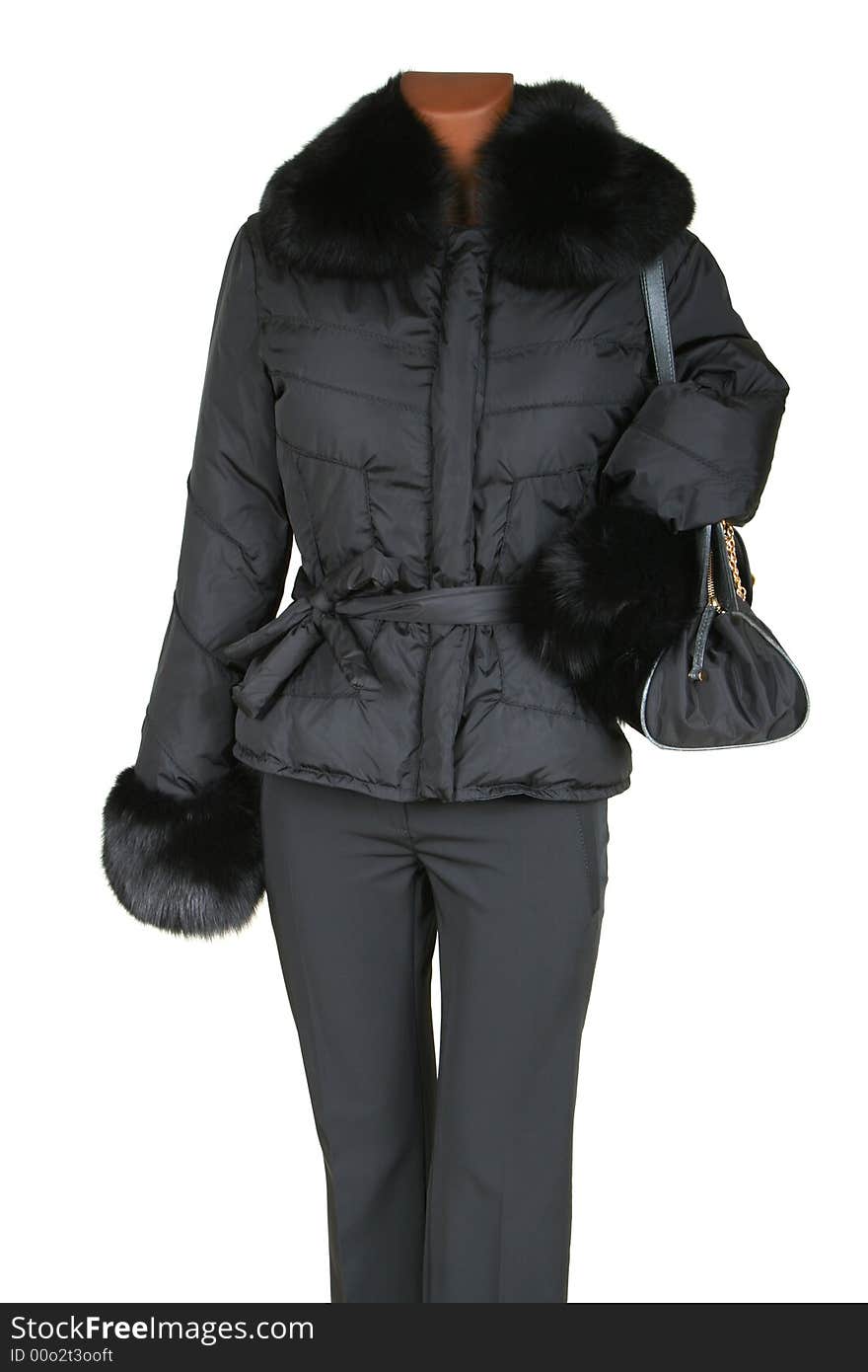 Jacket with fur and a bag on a white background