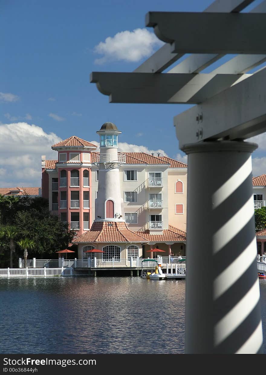 Vacation Resort Buildings Lighthouse and Blue Lake. Vacation Resort Buildings Lighthouse and Blue Lake