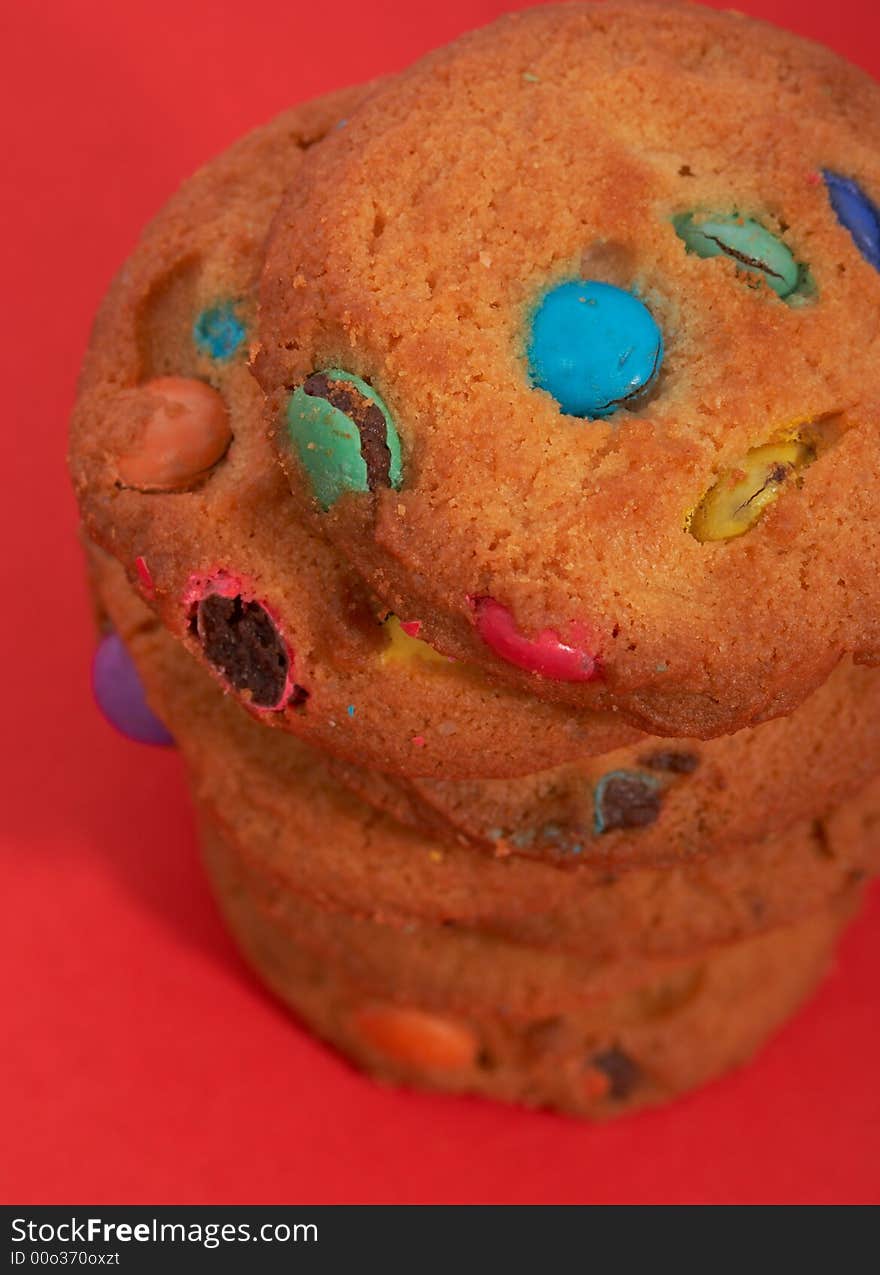 Tasty chocolate chip cookies on a red background. Tasty chocolate chip cookies on a red background