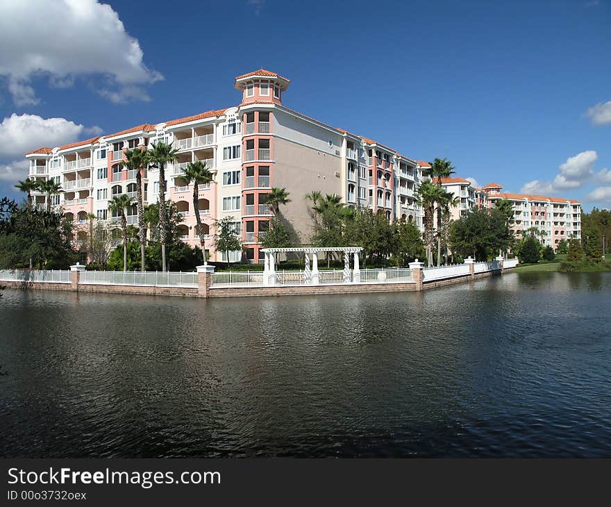 Vacation Resort Buildings Blue Lake and Sky. Vacation Resort Buildings Blue Lake and Sky