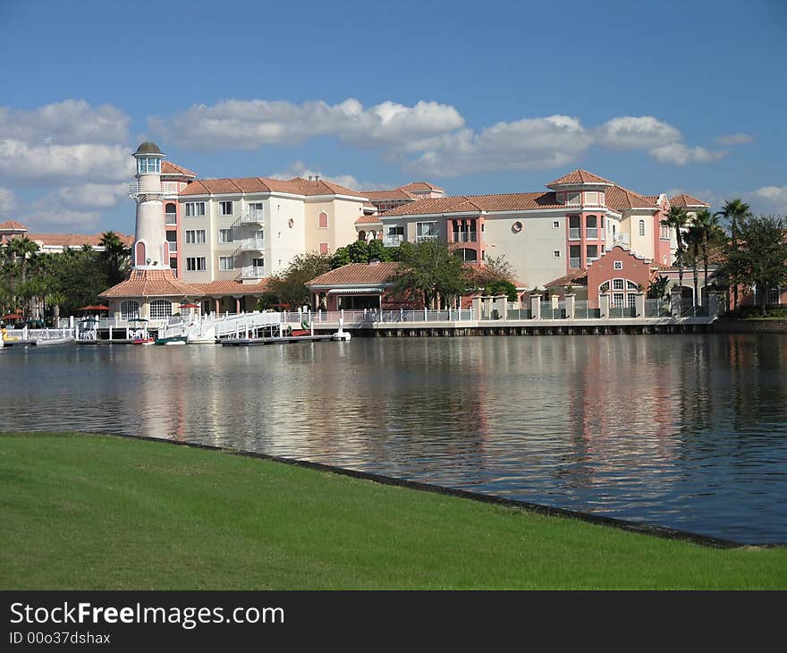 Vacation Resort Buildings Blue Lake and Sky. Vacation Resort Buildings Blue Lake and Sky