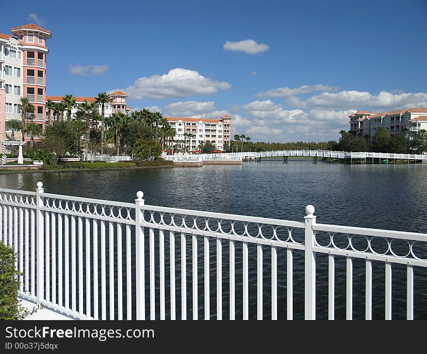 Vacation Resort Buildings White Bridge and Blue Lake. Vacation Resort Buildings White Bridge and Blue Lake