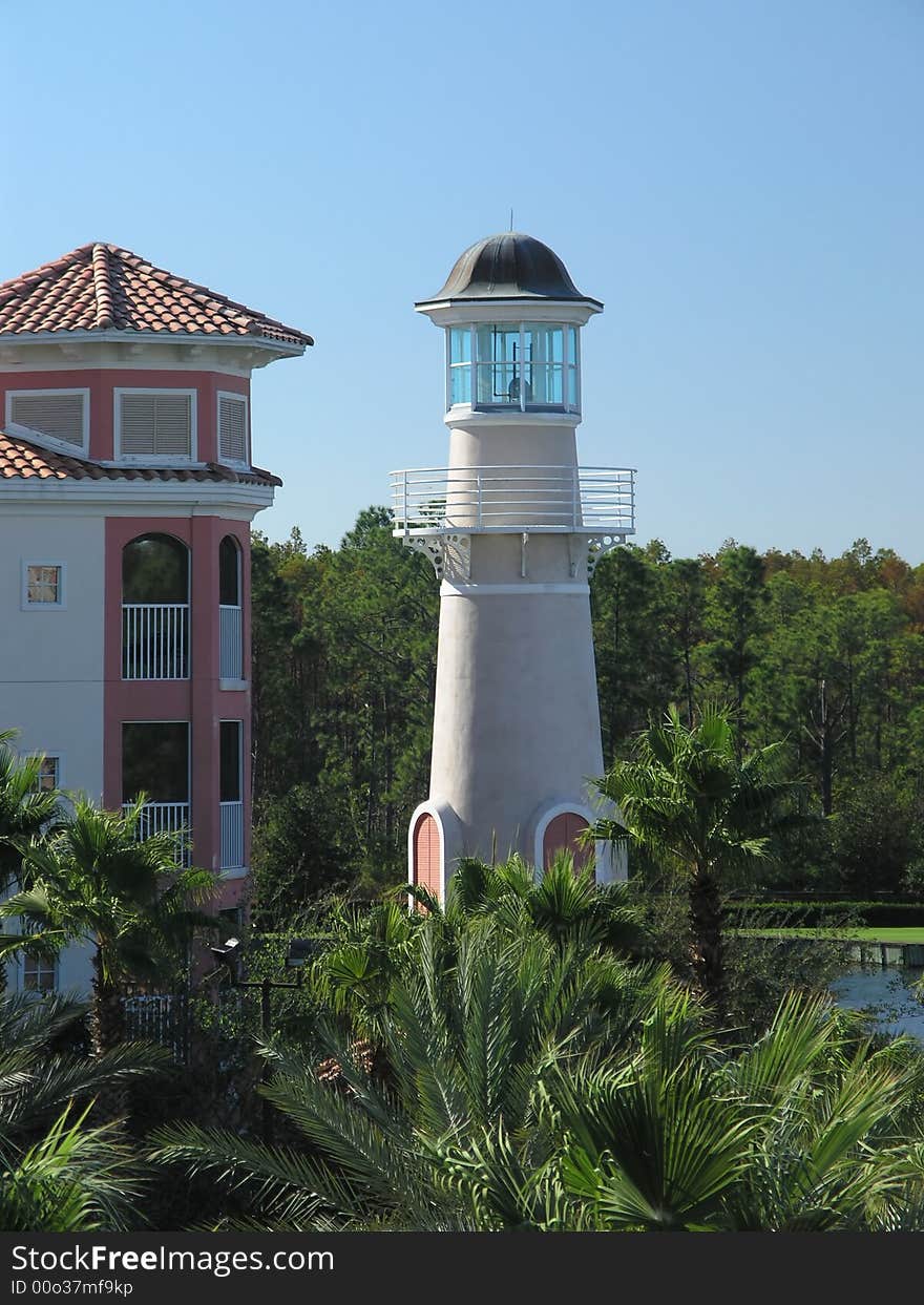 Vacation Resort White Lighthouse and blue sky. Vacation Resort White Lighthouse and blue sky