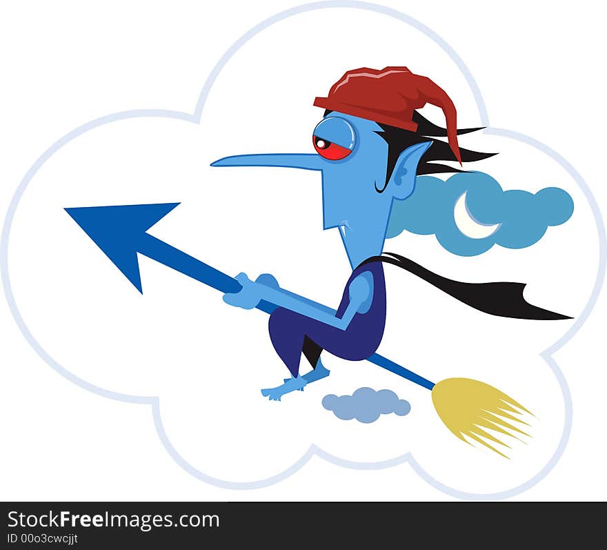 A cartoon character riding in his jet spear in moonlight. A cartoon character riding in his jet spear in moonlight