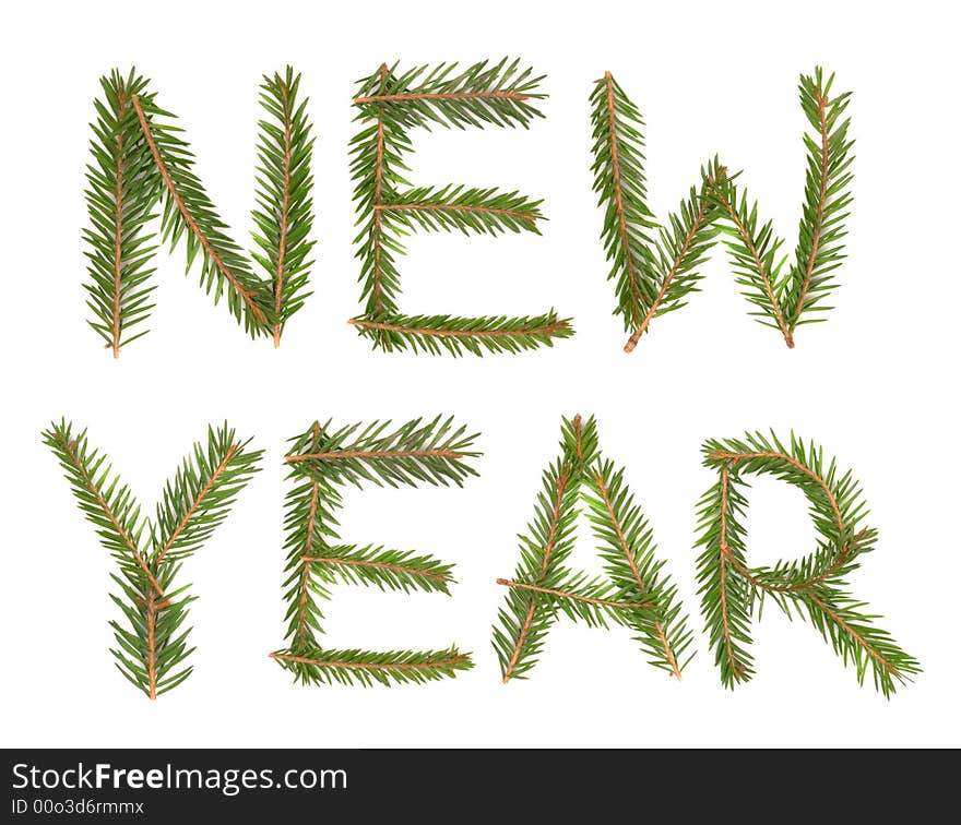 New Year title made with pine isolated over white background