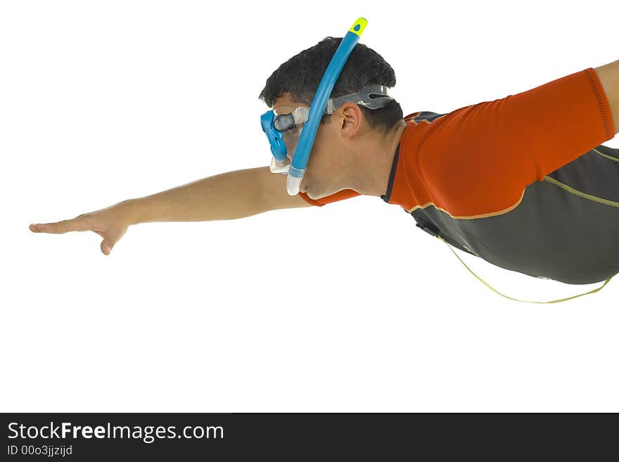 Young man diving with snorkel. White background, side view. Young man diving with snorkel. White background, side view.