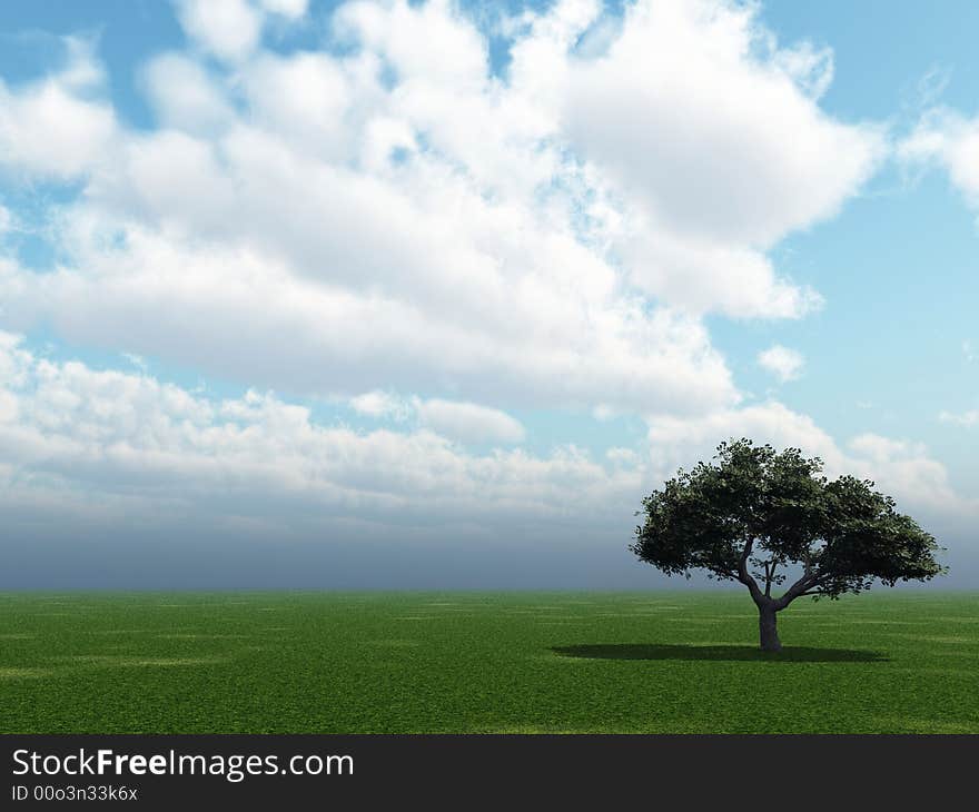 Alone tree and beautiful sky with clouds  - 3d landscape scene. Alone tree and beautiful sky with clouds  - 3d landscape scene.