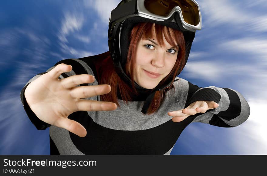 Cute girl freely snowboarding or flying in a blue sky.

Studio shot, composite. Cute girl freely snowboarding or flying in a blue sky.

Studio shot, composite.