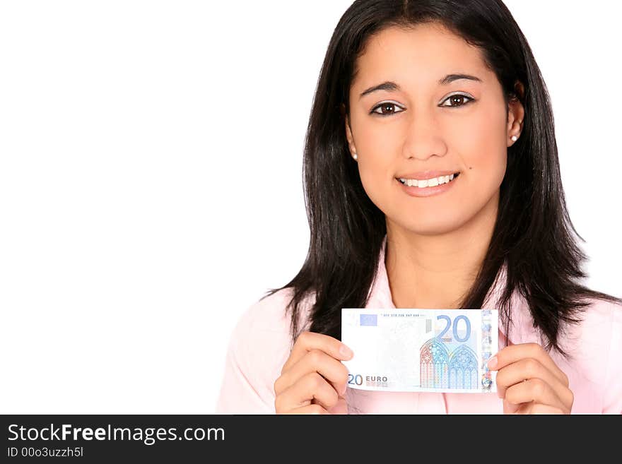 Beautiful woman holding a 20 Euro-Banknote for example it cost only 20 Euros.