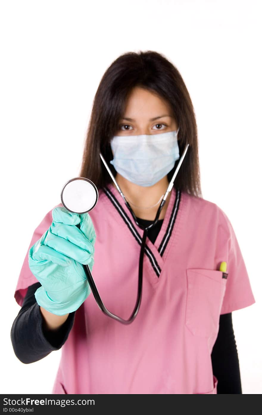 Medical nurse checking using stethoscope.