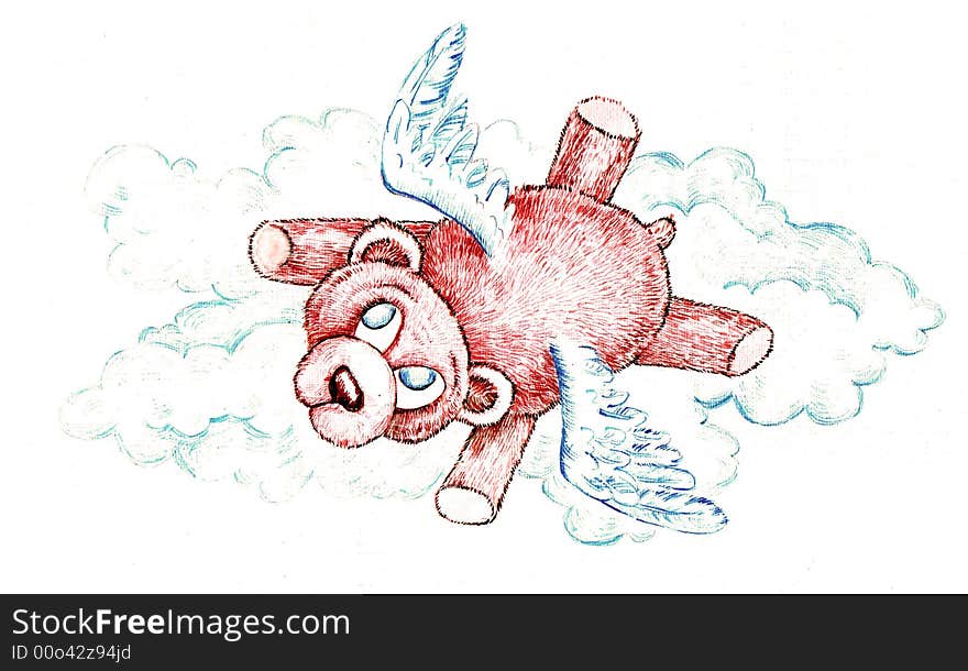 A rose bear flying in clouds. Material: water-colour, paper.