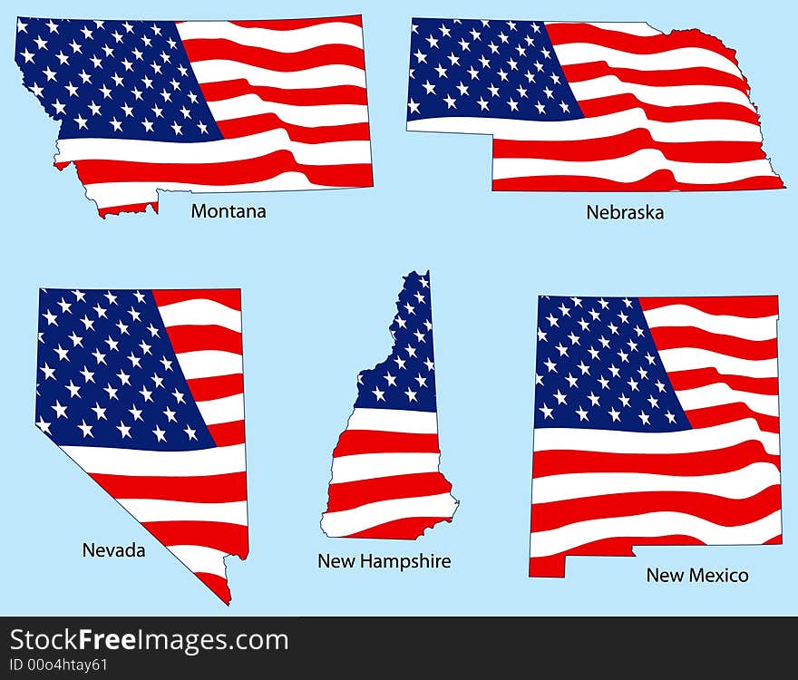 Montana, Nebraska, Nevada, New Hampshire and New Mexico outlines with flags, each individually grouped. Montana, Nebraska, Nevada, New Hampshire and New Mexico outlines with flags, each individually grouped