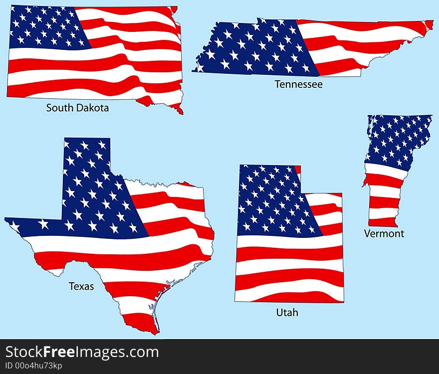 South Dakota, Tennessee, Texas, Utah and Vermont outlines with flags, each individually grouped. South Dakota, Tennessee, Texas, Utah and Vermont outlines with flags, each individually grouped