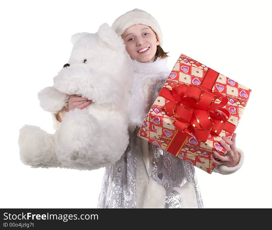 A celebratory card.
 The smiling girl in clothes of a Snow Maiden with gifts on a white background. Isolated. Studio. A celebratory card.
 The smiling girl in clothes of a Snow Maiden with gifts on a white background. Isolated. Studio.