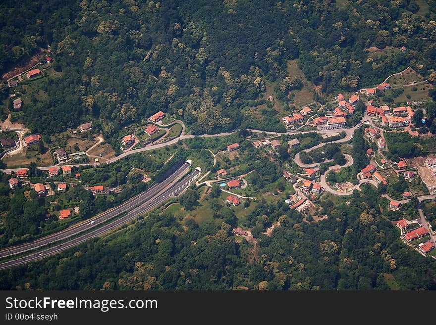 Aerial view of A26 super route, located near Maggiore lake