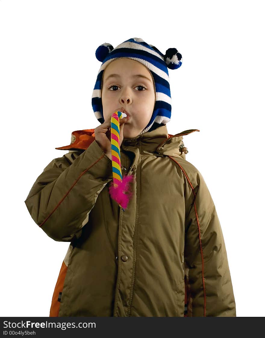 The boy in a funny cap  with toy on a white background. Isolated. Studio. The boy in a funny cap  with toy on a white background. Isolated. Studio.