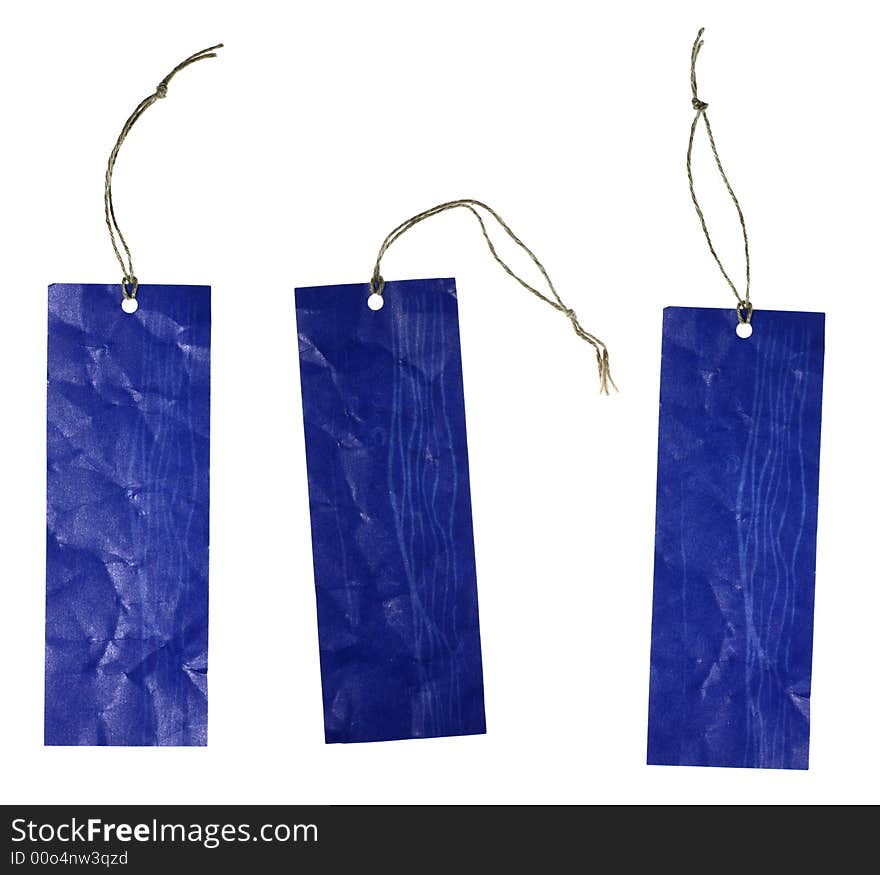 Three Blank blue crampled price or gift tags on white background without shadow