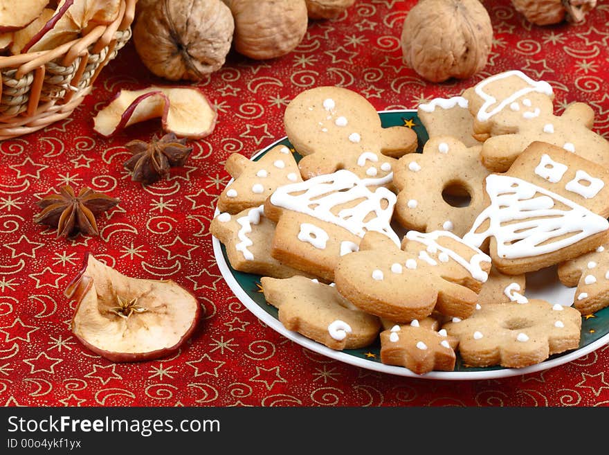 Christmas gingerbread cookies, dried apples, walnuts