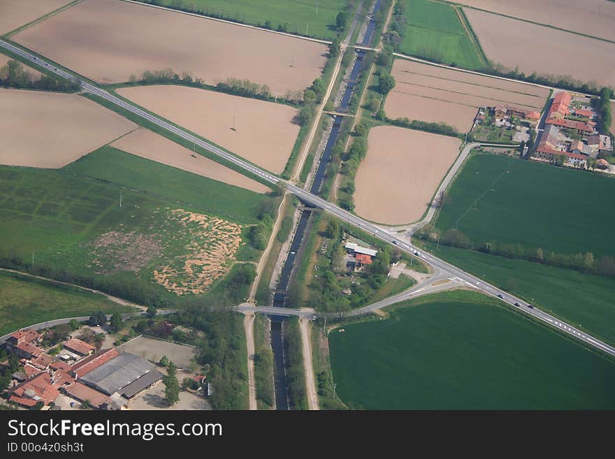 Aerial view of the channel Naviglio Grande near the town of Cisliano. Aerial view of the channel Naviglio Grande near the town of Cisliano