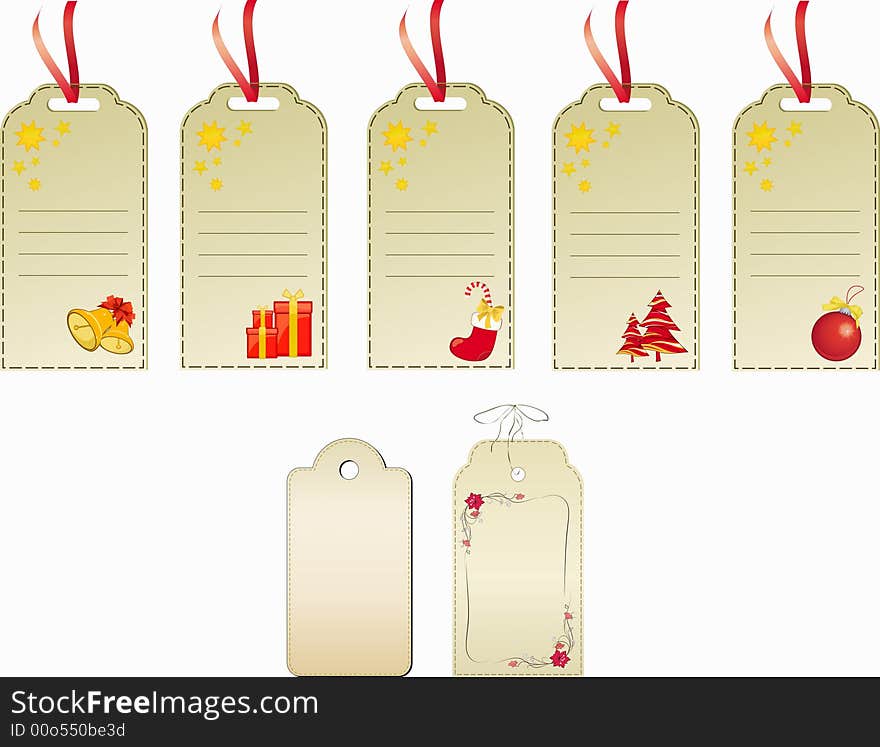 Assorted Christmas gift tags with candy canes, ball, gift, tree and more.